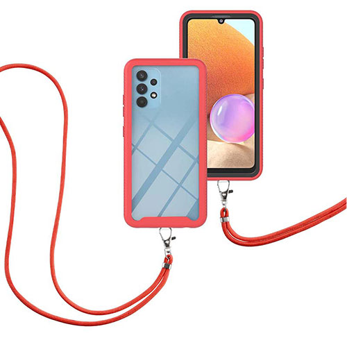 Silicone Matte Finish and Plastic Back Cover Case 360 Degrees with Lanyard Strap for Samsung Galaxy A32 4G Red