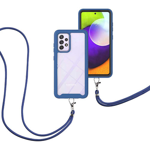 Silicone Matte Finish and Plastic Back Cover Case 360 Degrees with Lanyard Strap for Samsung Galaxy A52 4G Blue