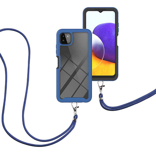 Silicone Matte Finish and Plastic Back Cover Case 360 Degrees with Lanyard Strap for Samsung Galaxy F42 5G Blue