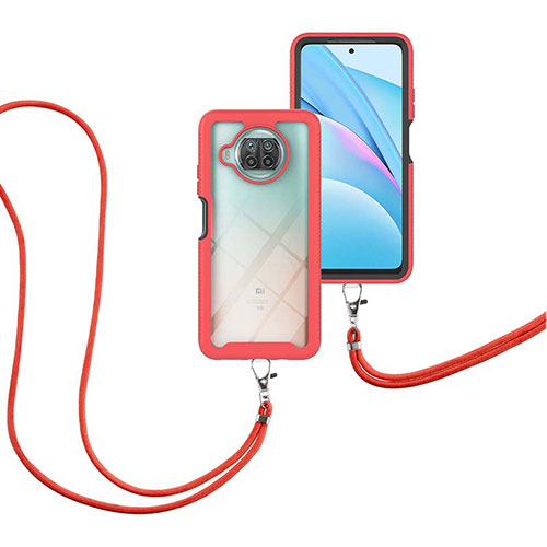 Silicone Matte Finish and Plastic Back Cover Case 360 Degrees with Lanyard Strap for Xiaomi Mi 10i 5G Red