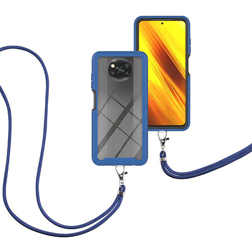 Silicone Matte Finish and Plastic Back Cover Case 360 Degrees with Lanyard Strap for Xiaomi Poco X3 NFC Blue