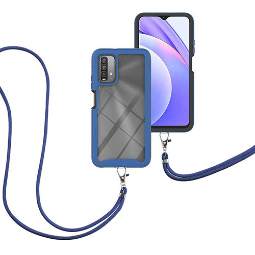 Silicone Matte Finish and Plastic Back Cover Case 360 Degrees with Lanyard Strap for Xiaomi Redmi 9 Power Blue