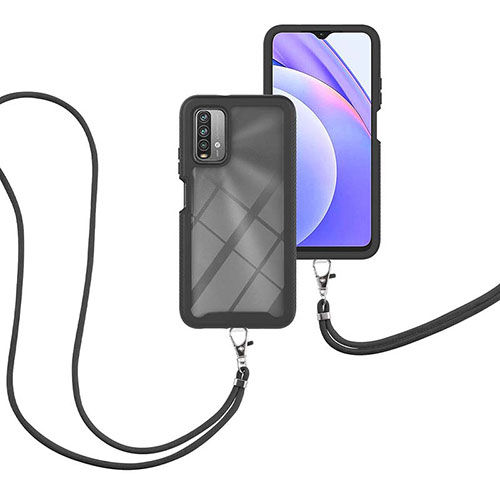 Silicone Matte Finish and Plastic Back Cover Case 360 Degrees with Lanyard Strap for Xiaomi Redmi 9T 4G Black