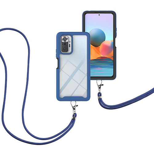 Silicone Matte Finish and Plastic Back Cover Case 360 Degrees with Lanyard Strap for Xiaomi Redmi Note 10 Pro 4G Blue