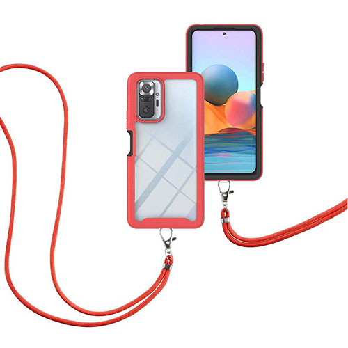 Silicone Matte Finish and Plastic Back Cover Case 360 Degrees with Lanyard Strap for Xiaomi Redmi Note 10 Pro 4G Red