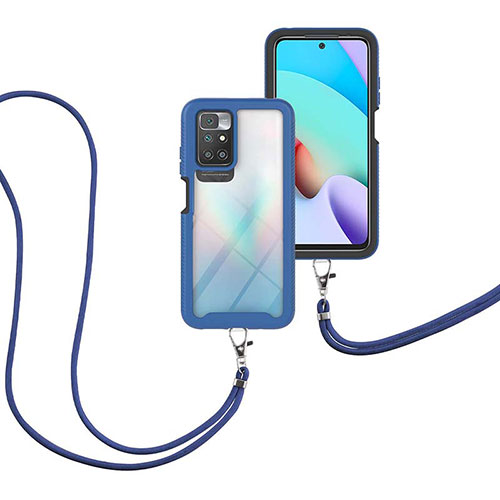 Silicone Matte Finish and Plastic Back Cover Case 360 Degrees with Lanyard Strap for Xiaomi Redmi Note 11 4G (2021) Blue