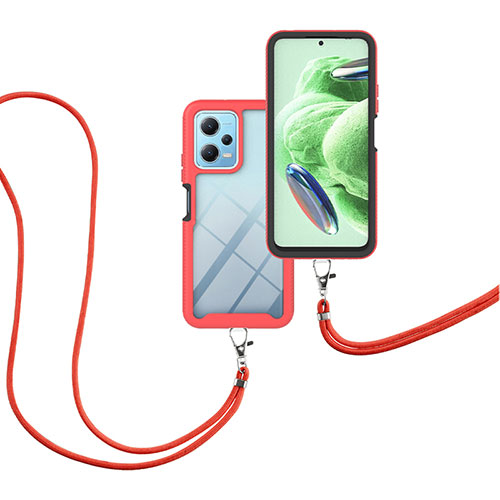 Silicone Matte Finish and Plastic Back Cover Case 360 Degrees with Lanyard Strap for Xiaomi Redmi Note 12 5G Red