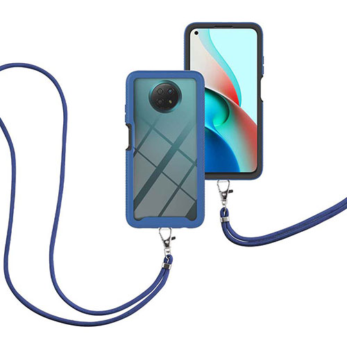 Silicone Matte Finish and Plastic Back Cover Case 360 Degrees with Lanyard Strap for Xiaomi Redmi Note 9 5G Blue