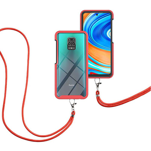 Silicone Matte Finish and Plastic Back Cover Case 360 Degrees with Lanyard Strap for Xiaomi Redmi Note 9S Red