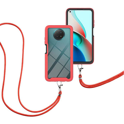 Silicone Matte Finish and Plastic Back Cover Case 360 Degrees with Lanyard Strap for Xiaomi Redmi Note 9T 5G Red