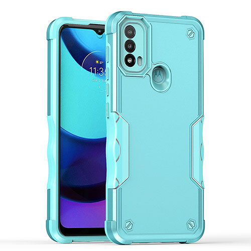 Silicone Matte Finish and Plastic Back Cover Case for Motorola Moto E30 Cyan