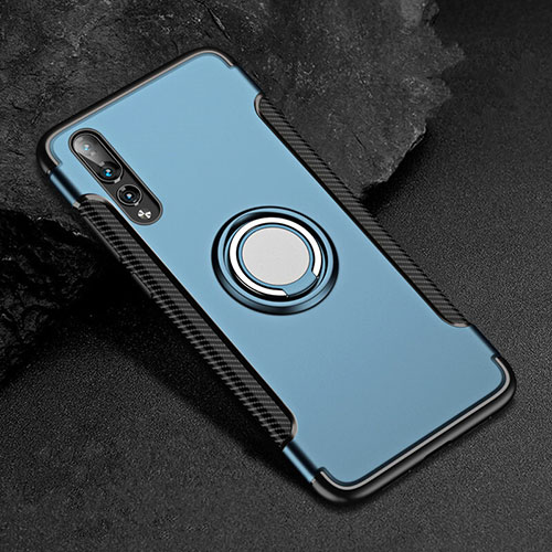 Silicone Matte Finish and Plastic Back Cover Case with Finger Ring Stand for Huawei P20 Pro Blue