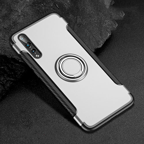 Silicone Matte Finish and Plastic Back Cover Case with Finger Ring Stand for Huawei P20 Pro White