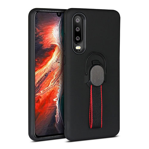 Silicone Matte Finish and Plastic Back Cover Case with Finger Ring Stand for Huawei P30 Black