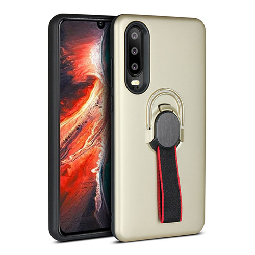 Silicone Matte Finish and Plastic Back Cover Case with Finger Ring Stand for Huawei P30 Gold