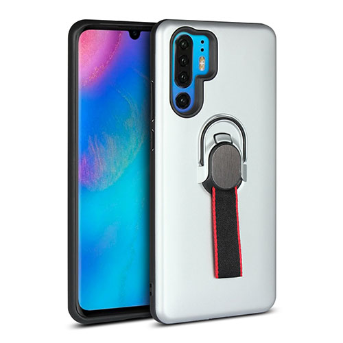 Silicone Matte Finish and Plastic Back Cover Case with Finger Ring Stand for Huawei P30 Pro New Edition Silver