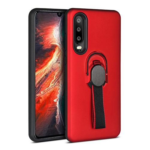 Silicone Matte Finish and Plastic Back Cover Case with Finger Ring Stand for Huawei P30 Red