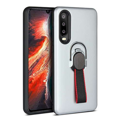 Silicone Matte Finish and Plastic Back Cover Case with Finger Ring Stand for Huawei P30 White