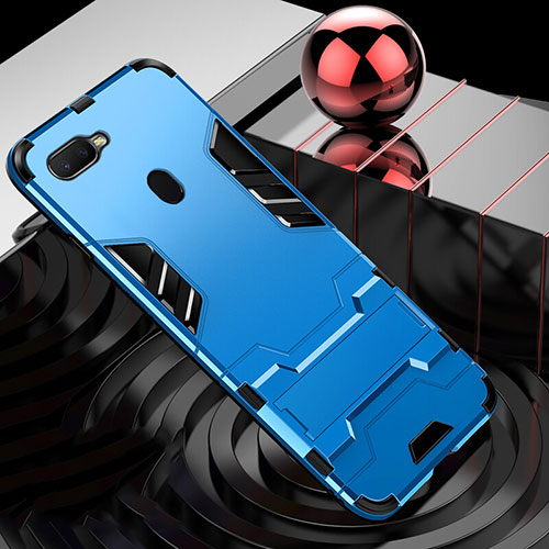 Silicone Matte Finish and Plastic Back Cover Case with Finger Ring Stand for Oppo A7 Sky Blue