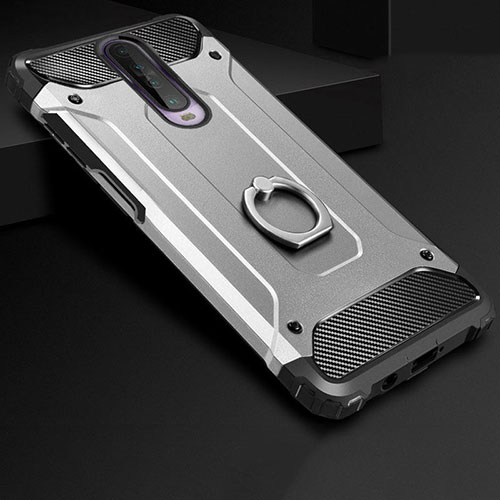 Silicone Matte Finish and Plastic Back Cover Case with Finger Ring Stand for Xiaomi Poco X2 Silver