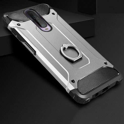 Silicone Matte Finish and Plastic Back Cover Case with Finger Ring Stand for Xiaomi Redmi K30 4G Silver