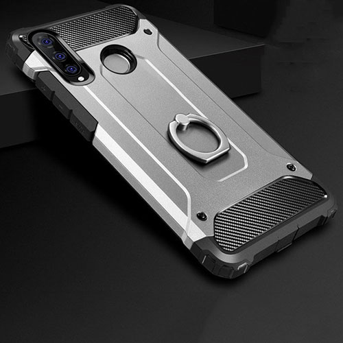 Silicone Matte Finish and Plastic Back Cover Case with Finger Ring Stand H01 for Huawei Nova 4e Silver