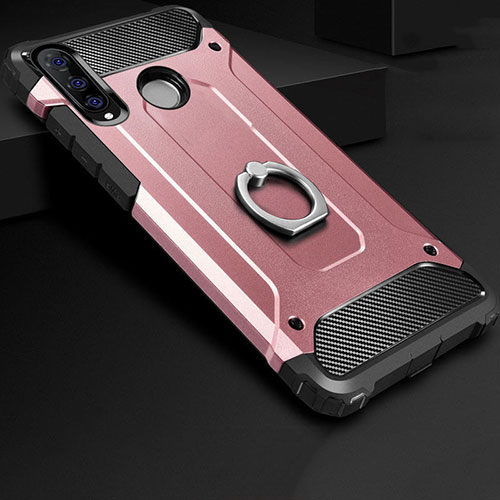 Silicone Matte Finish and Plastic Back Cover Case with Finger Ring Stand H01 for Huawei P30 Lite New Edition Rose Gold