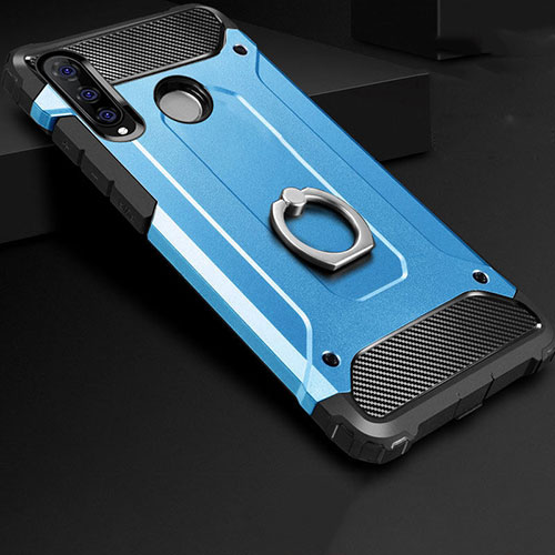 Silicone Matte Finish and Plastic Back Cover Case with Finger Ring Stand H01 for Huawei P30 Lite XL Blue