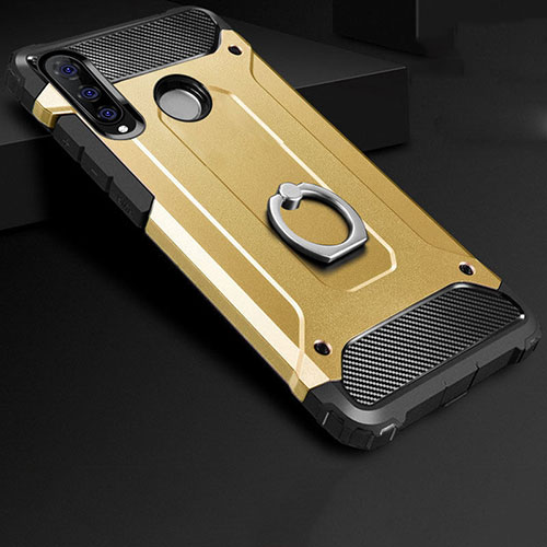 Silicone Matte Finish and Plastic Back Cover Case with Finger Ring Stand H01 for Huawei P30 Lite XL Gold