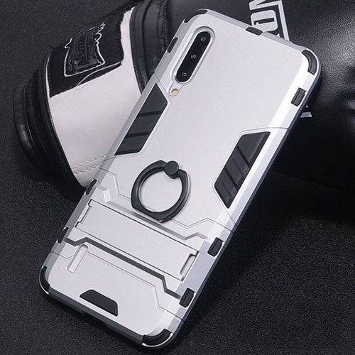 Silicone Matte Finish and Plastic Back Cover Case with Finger Ring Stand H01 for Xiaomi Mi A3 Silver