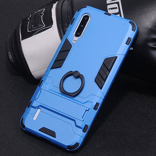 Silicone Matte Finish and Plastic Back Cover Case with Finger Ring Stand H01 for Xiaomi Mi A3 Sky Blue