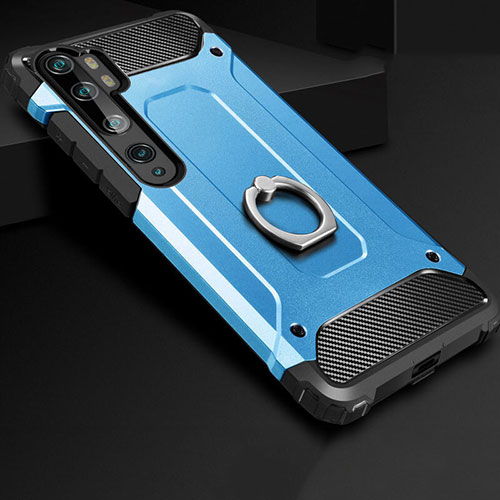 Silicone Matte Finish and Plastic Back Cover Case with Finger Ring Stand H01 for Xiaomi Mi Note 10 Blue