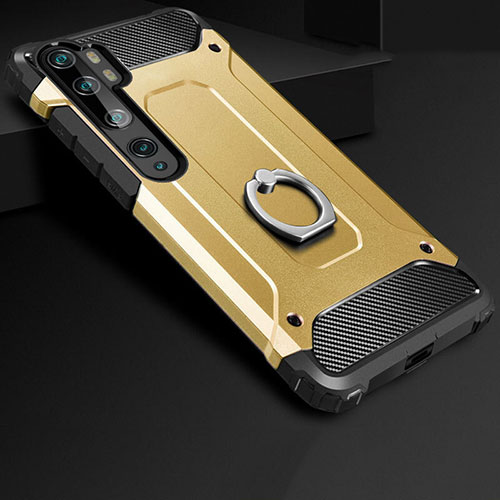 Silicone Matte Finish and Plastic Back Cover Case with Finger Ring Stand H01 for Xiaomi Mi Note 10 Pro Gold