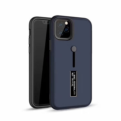 Silicone Matte Finish and Plastic Back Cover Case with Finger Ring Stand S01 for Apple iPhone 11 Pro Blue