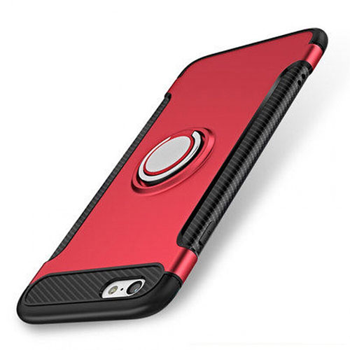 Silicone Matte Finish and Plastic Back Cover Case with Finger Ring Stand S01 for Apple iPhone 7 Red