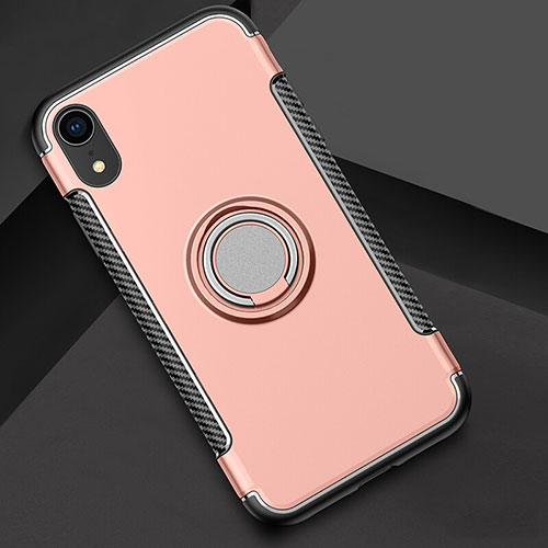 Silicone Matte Finish and Plastic Back Cover Case with Finger Ring Stand S01 for Apple iPhone XR Rose Gold