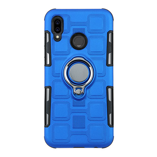 Silicone Matte Finish and Plastic Back Cover Case with Finger Ring Stand S01 for Huawei P20 Lite Blue