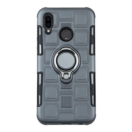 Silicone Matte Finish and Plastic Back Cover Case with Finger Ring Stand S01 for Huawei P20 Lite Gray