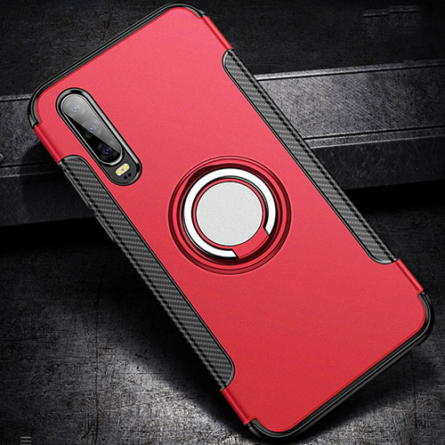 Silicone Matte Finish and Plastic Back Cover Case with Finger Ring Stand S02 for Huawei P30 Red