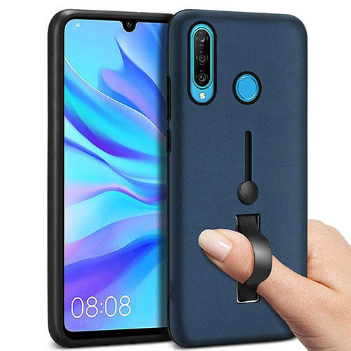 Silicone Matte Finish and Plastic Back Cover Case with Finger Ring Stand S04 for Huawei P30 Lite Blue