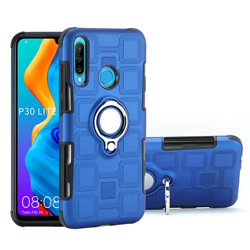 Silicone Matte Finish and Plastic Back Cover Case with Magnetic Finger Ring Stand A01 for Huawei P30 Lite New Edition Sky Blue