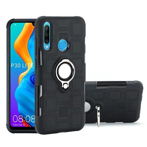 Silicone Matte Finish and Plastic Back Cover Case with Magnetic Finger Ring Stand A01 for Huawei P30 Lite XL Black