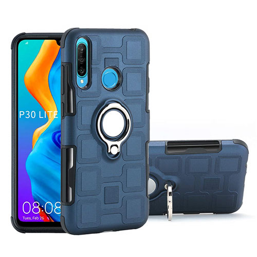 Silicone Matte Finish and Plastic Back Cover Case with Magnetic Finger Ring Stand A01 for Huawei P30 Lite XL Blue