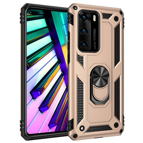 Silicone Matte Finish and Plastic Back Cover Case with Magnetic Finger Ring Stand C01 for Huawei P40 Gold