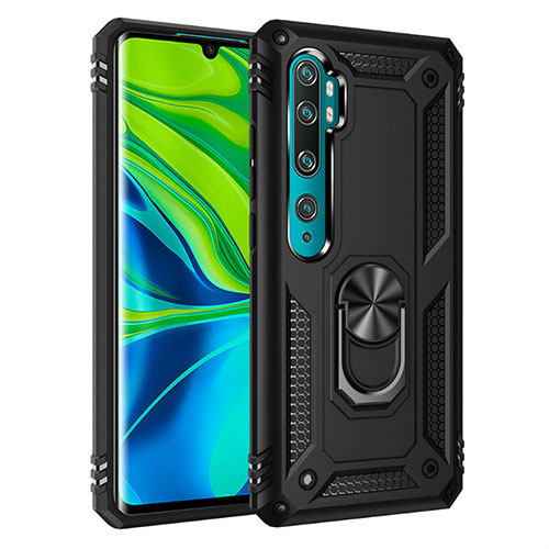 Silicone Matte Finish and Plastic Back Cover Case with Magnetic Finger Ring Stand D01 for Xiaomi Mi Note 10 Black