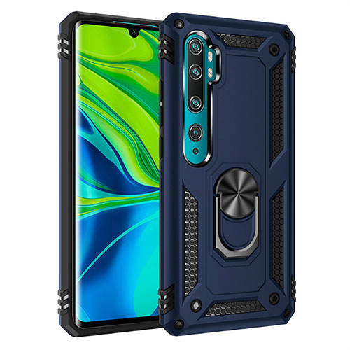 Silicone Matte Finish and Plastic Back Cover Case with Magnetic Finger Ring Stand D01 for Xiaomi Mi Note 10 Blue