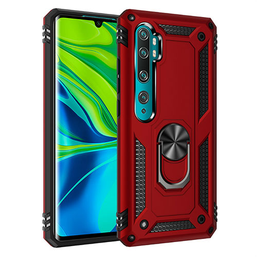 Silicone Matte Finish and Plastic Back Cover Case with Magnetic Finger Ring Stand D01 for Xiaomi Mi Note 10 Red