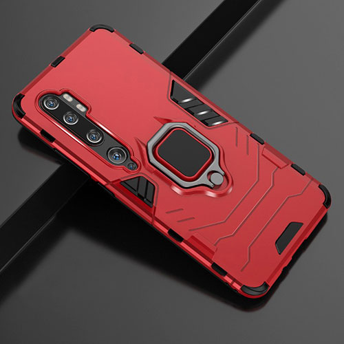 Silicone Matte Finish and Plastic Back Cover Case with Magnetic Finger Ring Stand D02 for Xiaomi Mi Note 10 Pro Red