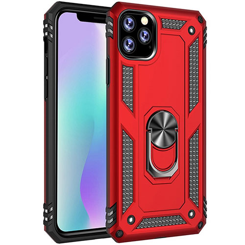 Silicone Matte Finish and Plastic Back Cover Case with Magnetic Finger Ring Stand for Apple iPhone 11 Pro Max Red