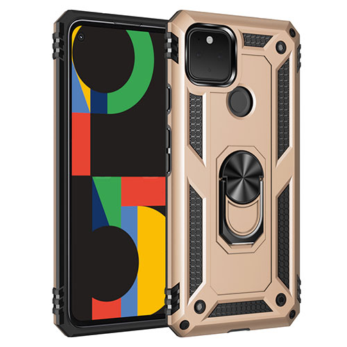 Silicone Matte Finish and Plastic Back Cover Case with Magnetic Finger Ring Stand for Google Pixel 5 Gold